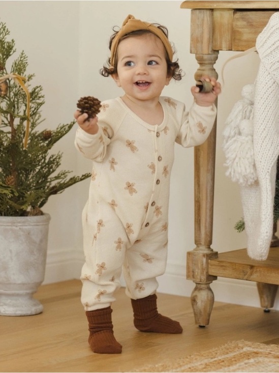 Quincy Mae Other - NWT Quincy Mae Waffle Long Sleeve Cream Jumpsuit with Gingerbread Sz 3-6 months